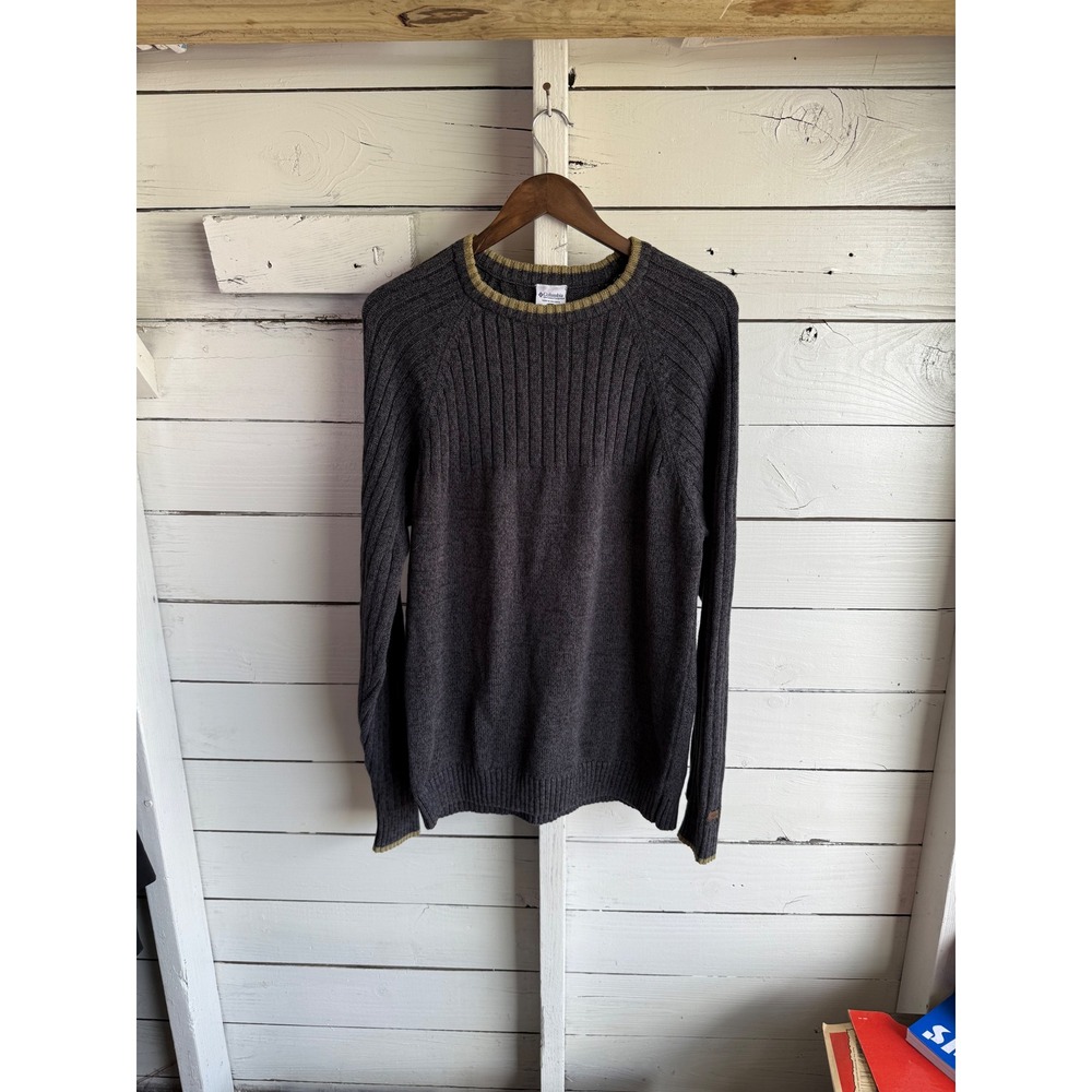 Columbia Mens Large Ribbed Knit Sweater Charcoal Grey Olive Trim Crew Neck L